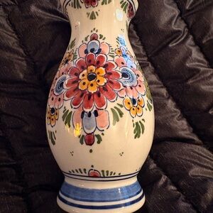 Floral Ceramic Vase with Blue Accents